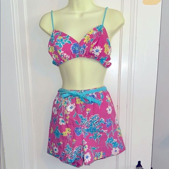 Vintage 70s/80s Sea Waves pink floral 2‎ pc top & shorts summer outfit